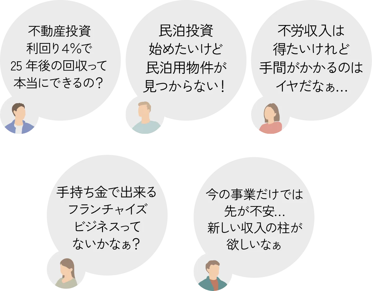 不動産投資利回り4%で25年後の回収って本当にできるの?/民泊投資始めたいけど物件が見つからない!/手持ち金で出来るフランチャイズビジネスってないかなぁ?